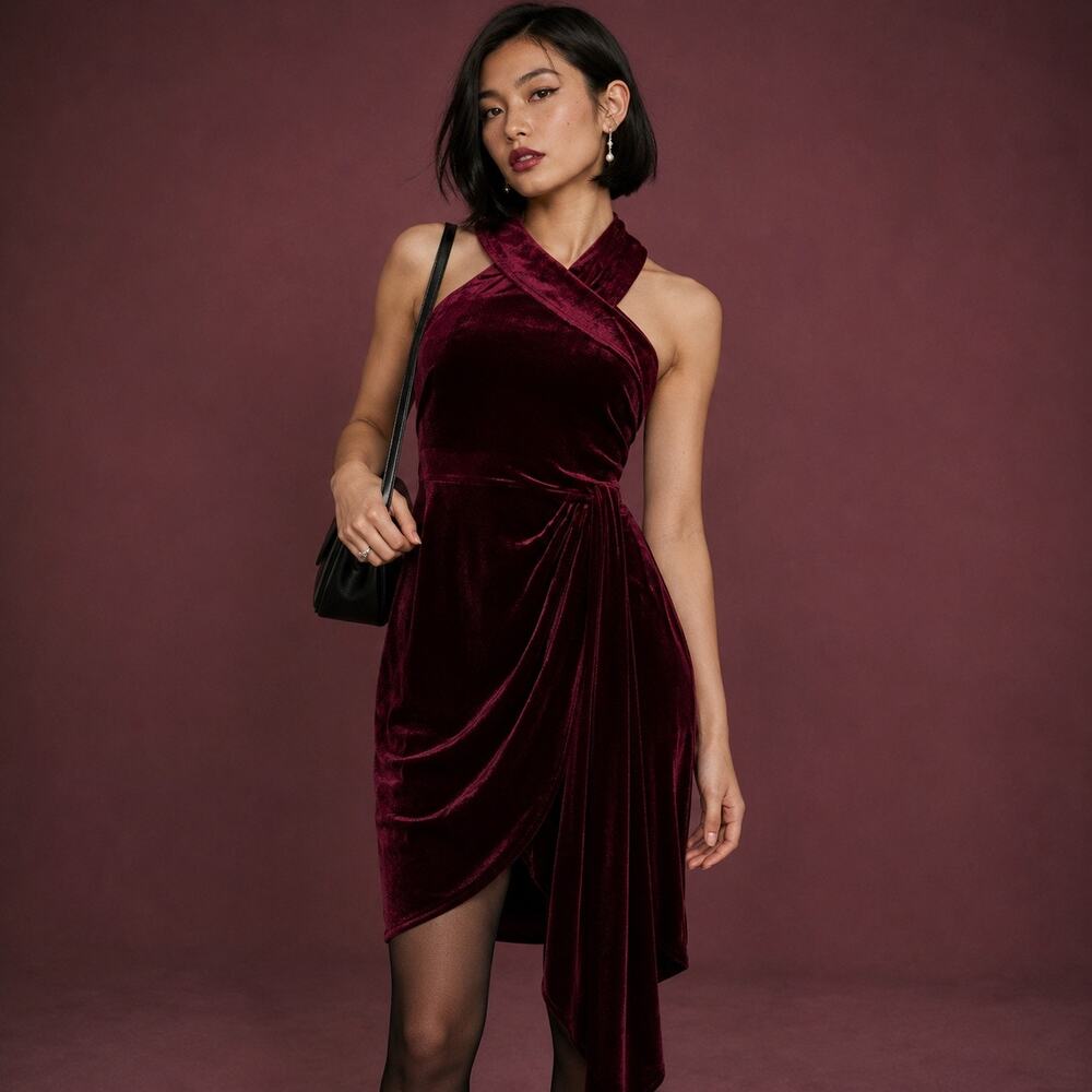Belle Badgley Mischka Jade Wine Velvet Halter Dress 12 NWT Asymmetric Hem